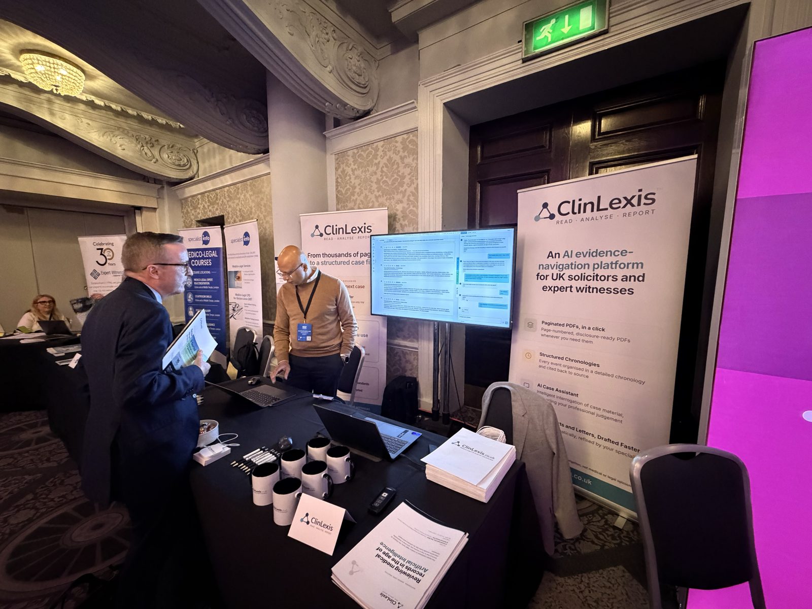The ClinLexis stand at the Medico-Legal Conference 2026, with the platform running on screen
